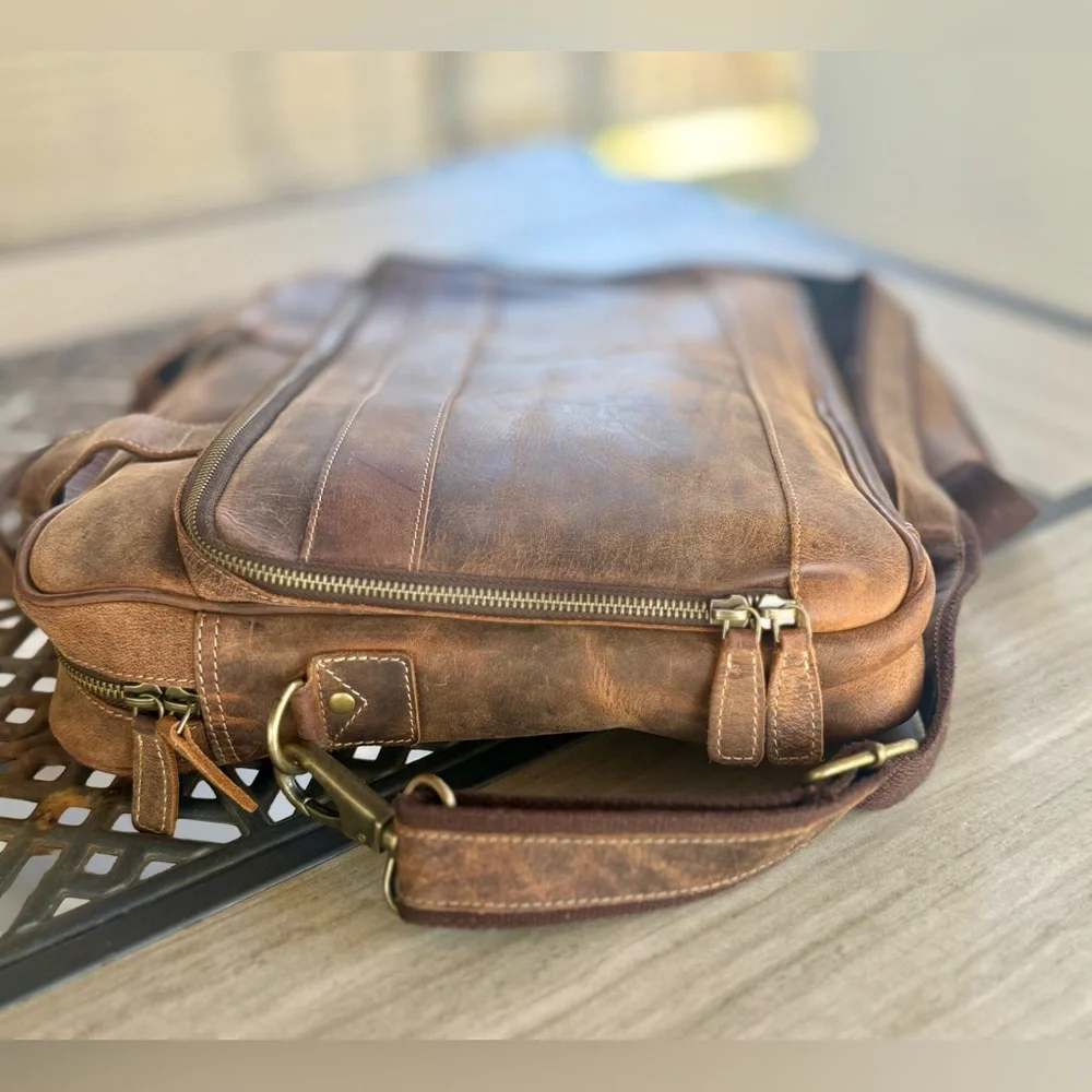 KomalC Leather Messenger Bag 18” Brown Distressed Laptop Bag Briefcase